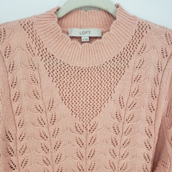 LOFT Pointelle Open Knit Pullover Sweater XL Scallop Trim Coquette Blush Pink - Picture 6 of 7